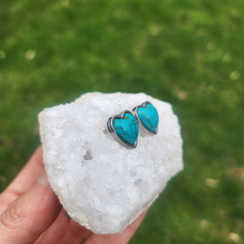 Blue Howlite Crystal Heart Earrings - Stainless Steel Studs