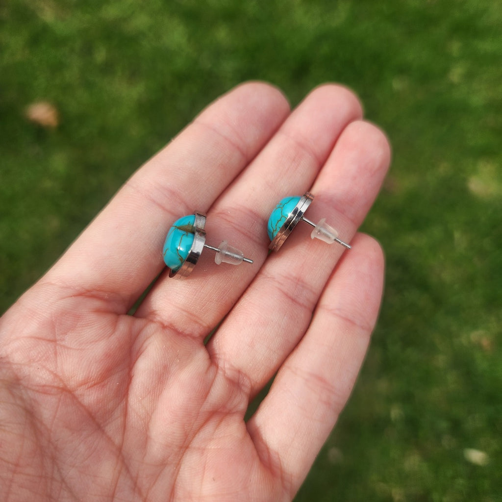 Blue Howlite Crystal Heart Stone Stud Earrings in Stainless Steel