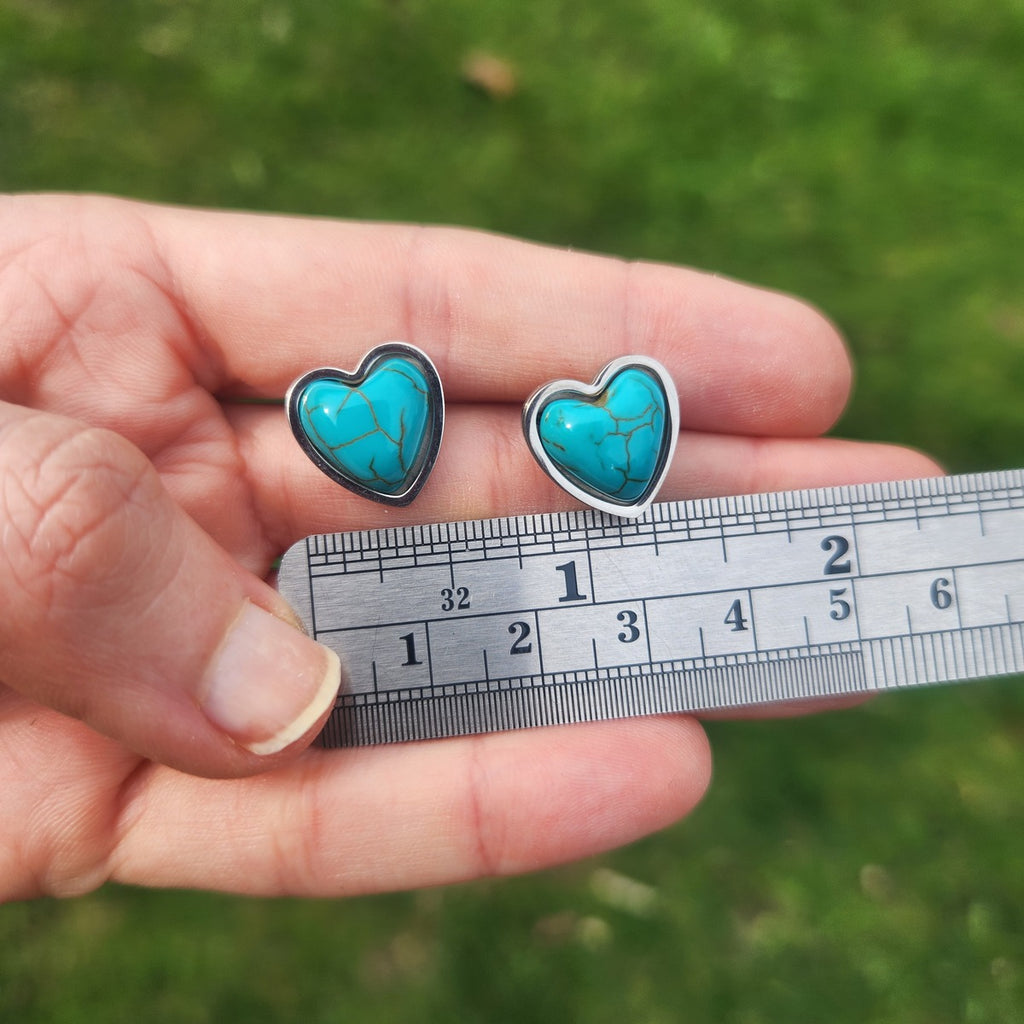 Blue Howlite Crystal Heart Stone Stud Earrings in Stainless Steel