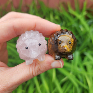 Crystal Hedgehog Figurine Animal Carving in Rose Quartz and Tigers Eye
