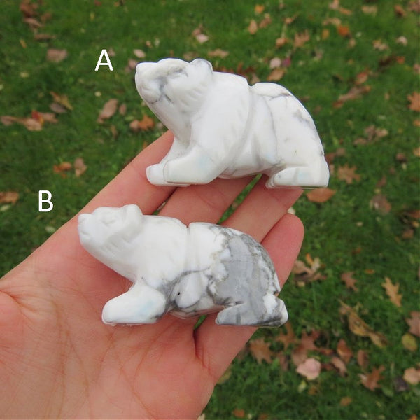 Carved Stone Bear Crystal Figurine | White Howlite Polar Bear Statue