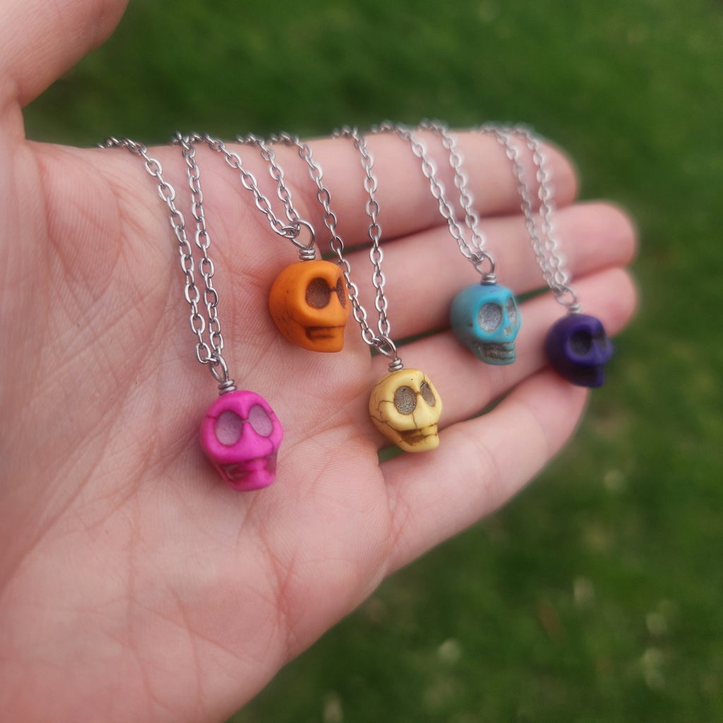 Howlite Crystal Skull Necklace | Carved Stone Skull Halloween Jewelry