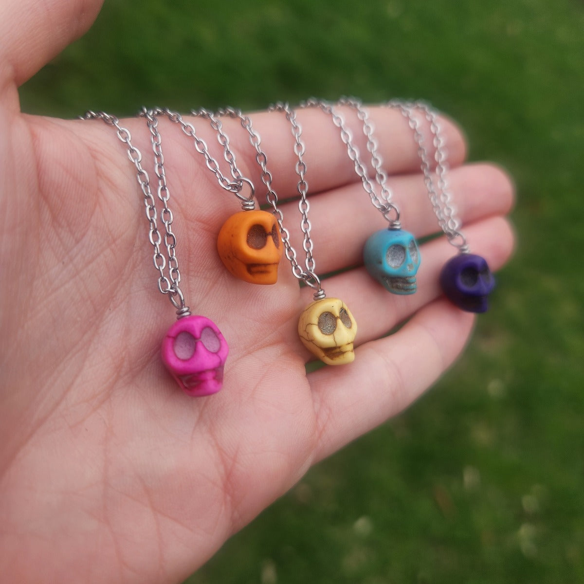 Howlite Crystal Skull Necklace | Carved Stone Skull Halloween Jewelry