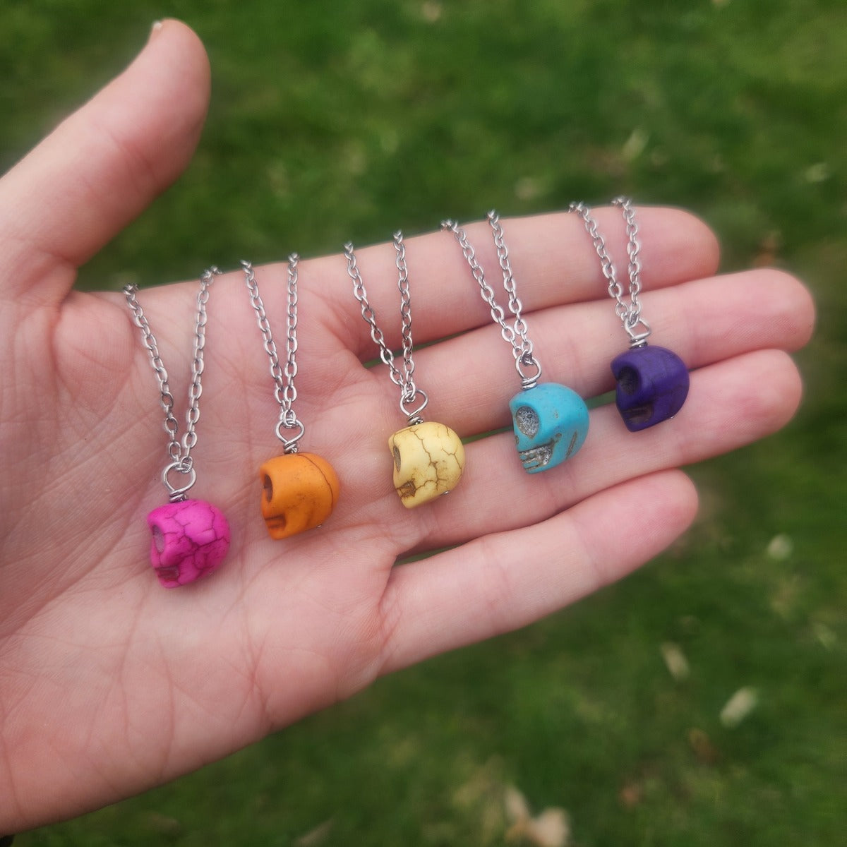 Howlite Crystal Skull Necklace | Carved Stone Skull Halloween Jewelry