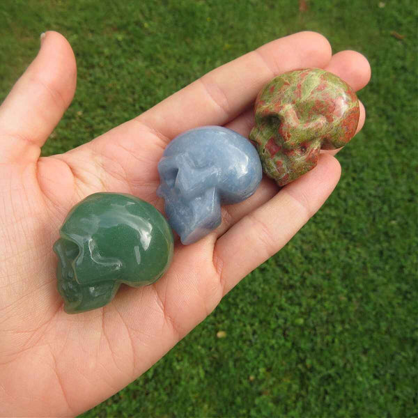 Crystal Skull Figurines in Aventurine, Sodalite, and Unakite