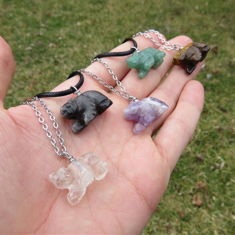 Mini Crystal Bear Necklace | Carved Stone Bear Animal Necklace