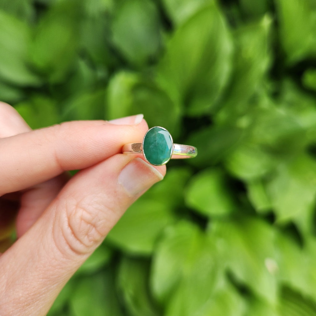 Emerald Stone Ring Sterling Silver Size 7.25 - Love, Harmony, Abundance Crystal