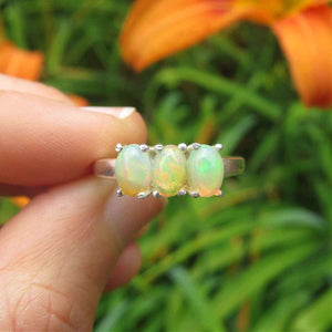 Ethiopian Opal Ring Sterling Silve 3 Stone