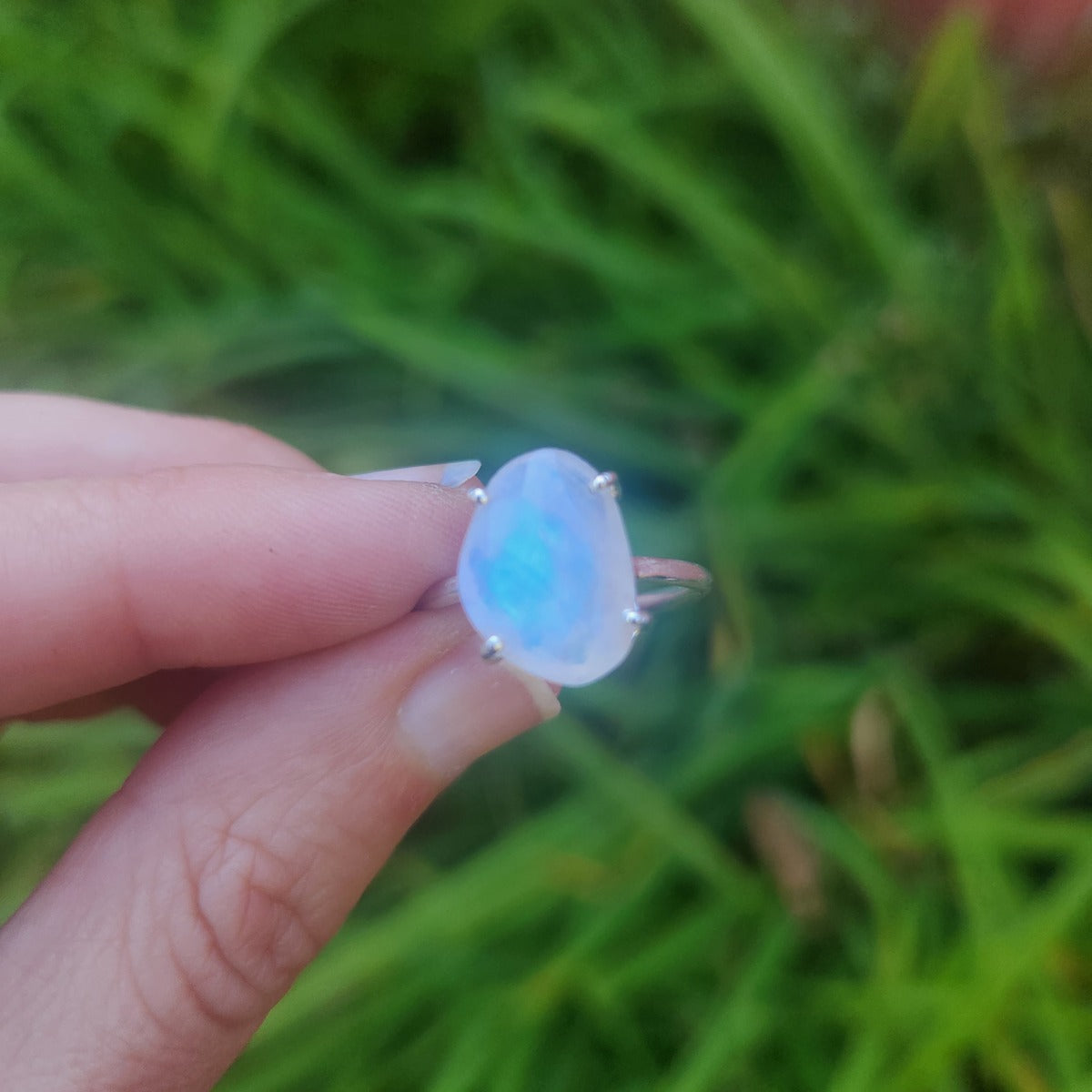 Rainbow Moonstone Crystal Ring in Sterling Silver