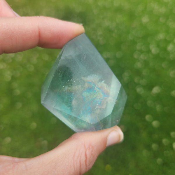 Green Fluorite Crystal Freeform with Rainbow Inclusion