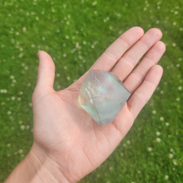 Green Fluorite Crystal Freeform Stone 2" w/ Rainbow Inclusion