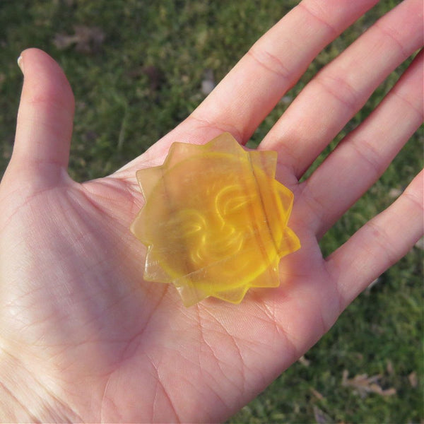 Yellow Fluorite Crystal Sun Carving 2"