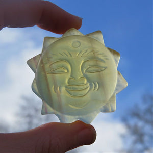 Yellow Fluorite Crystal Sun Carving with Face