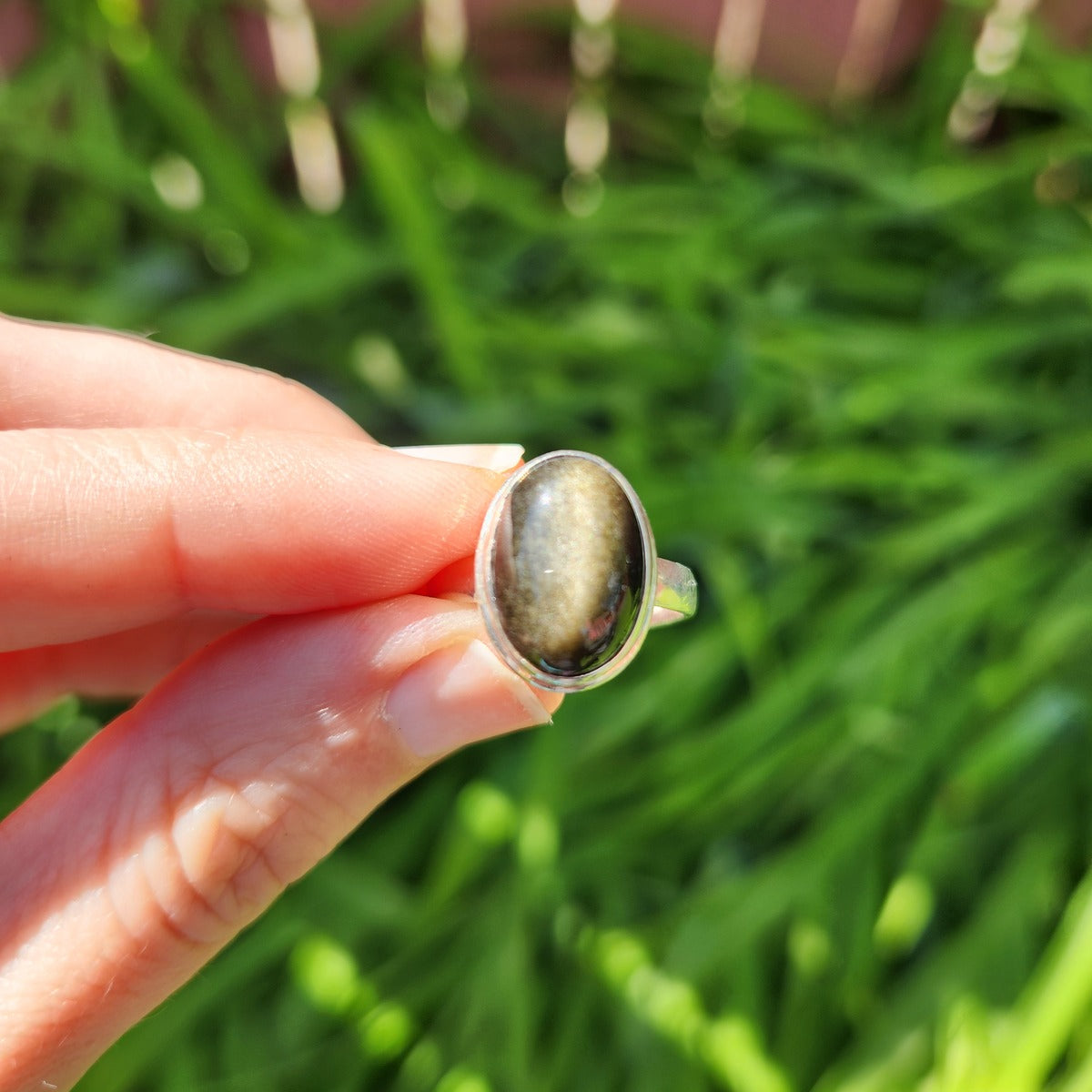 Golden Sheen Obsidian Stone Ring Sterling Silver