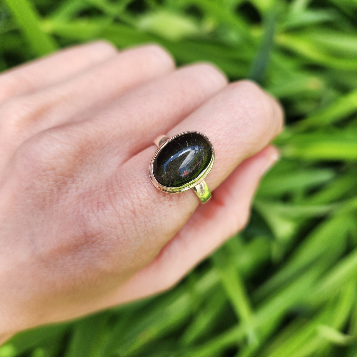 Golden Sheen Obsidian Crystal Ring Bezel  Setting Sterling Silver