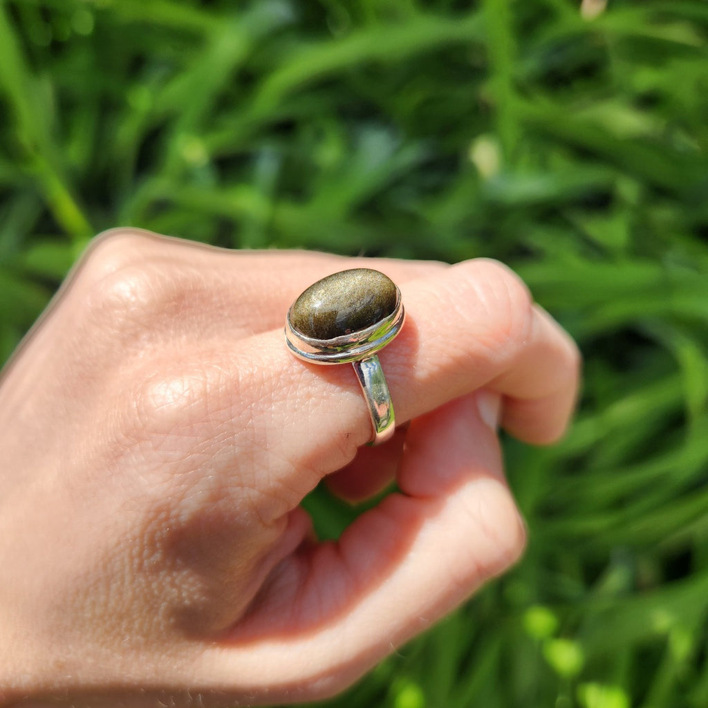 Golden Obsidian Crystal Ring Sterling Silver