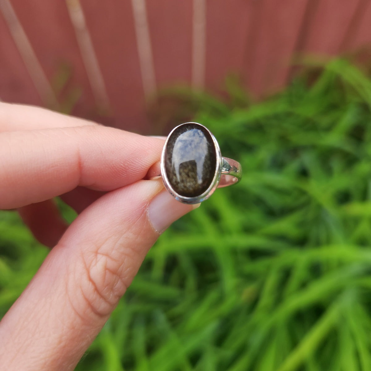 Golden Sheen Obsidian Crystal Ring Sterling Silver