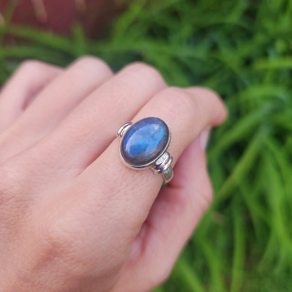 Blue Labradorite Crystal Ring Sterling Silver