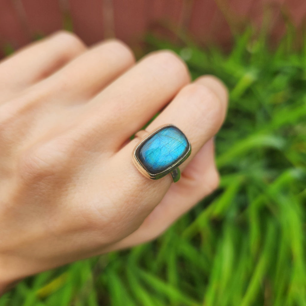Blue Labradorite Ring Sterling Silver Crystal Ring