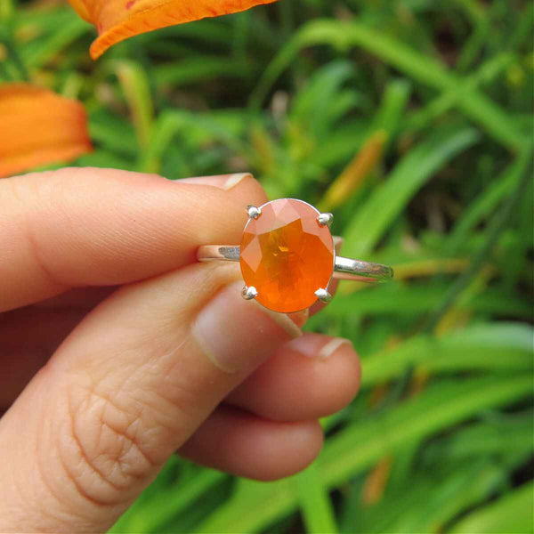 Mexican Fire Opal Ring Sterling Silver Faceted Oval Stone