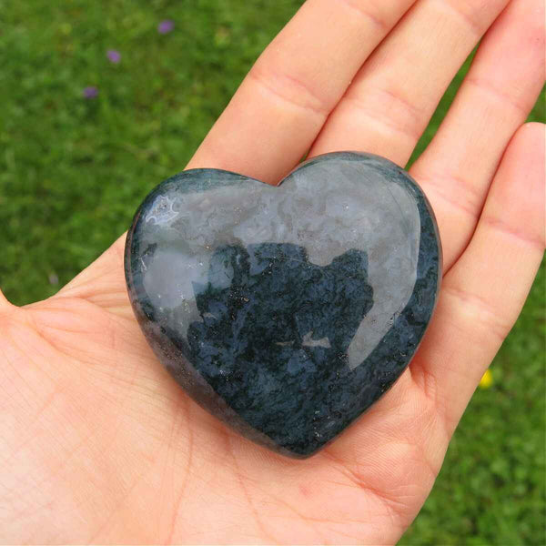 Moss Agate Crystal Heart Stone Carving - Large Puffy Heart