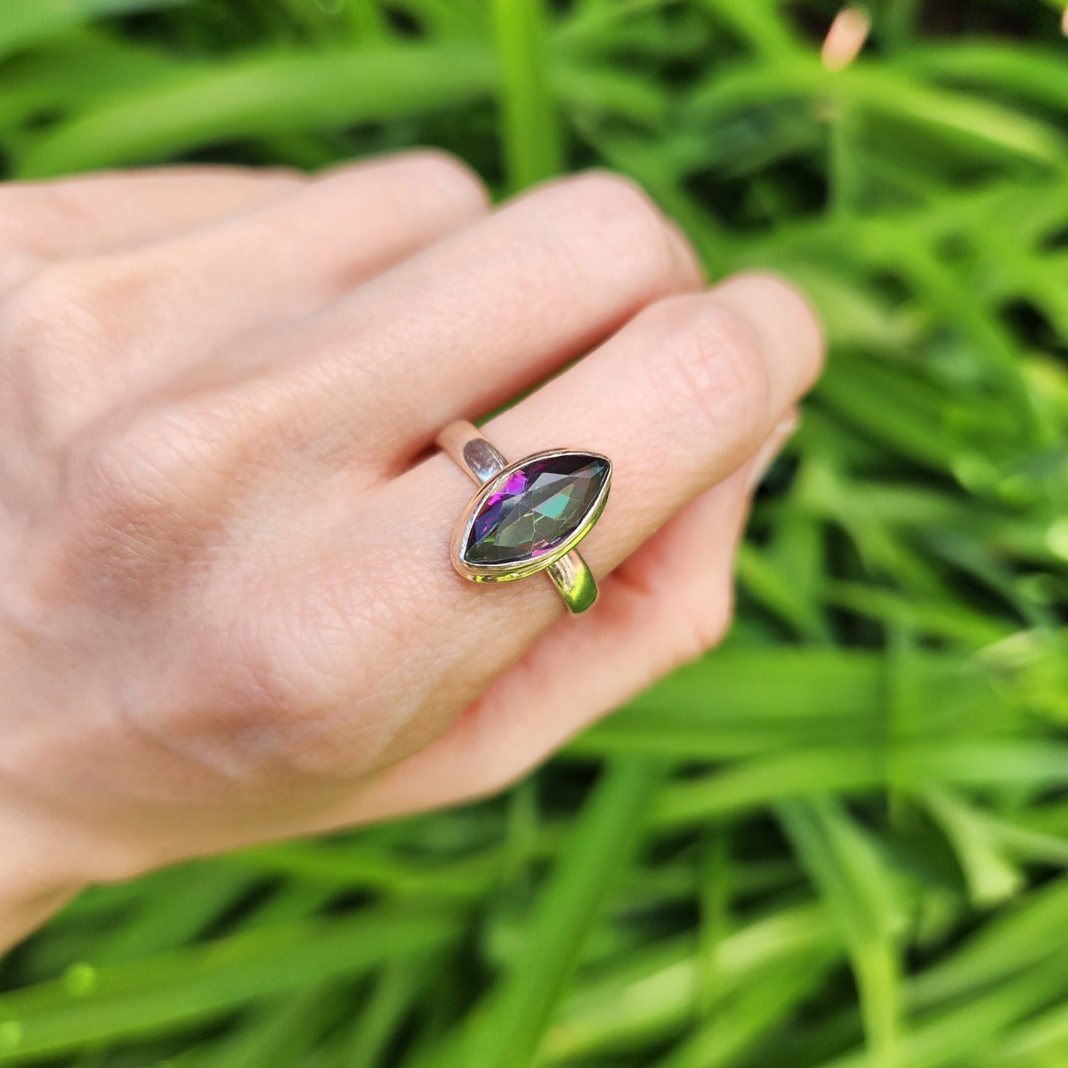 Mystic Rainbow Topaz Ring Sterling Silver Marquise Cut