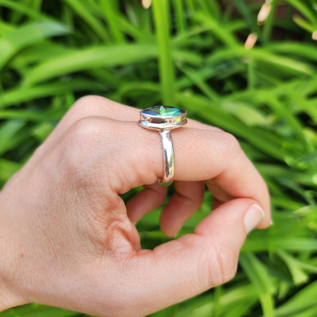 Mystic Rainbow Topaz Ring Sterling Silver Bezel Marquise Cut Stone