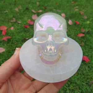 Pink Rainbow Aura Quartz Crystal Skull Carving