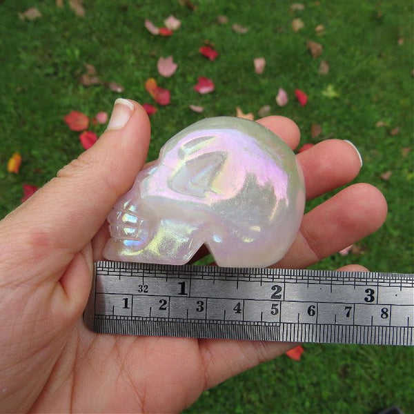 Pink Rainbow Aura Quartz Crystal Skull Carving 2"
