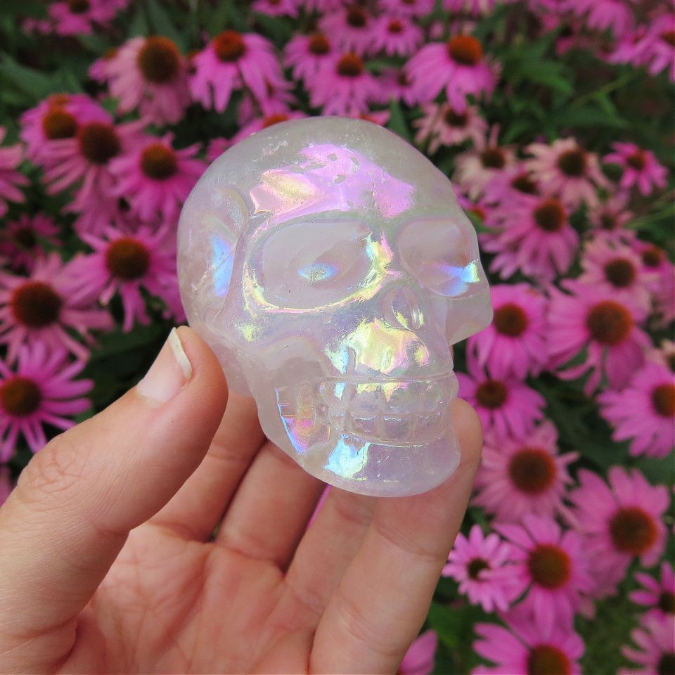 Pink Rainbow Aura Quartz Crystal Skull Carving 2" – Crystalline Dream