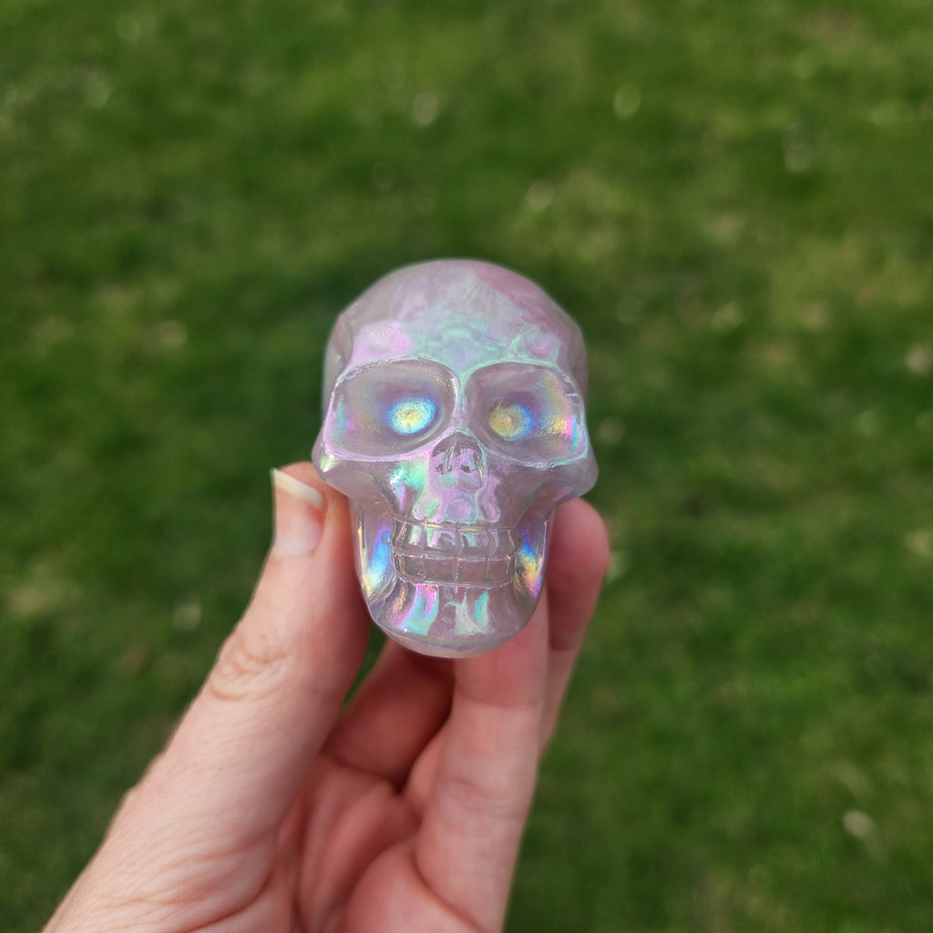 Pink Rainbow Aura Rose Quartz Crystal Skull Carving 2"