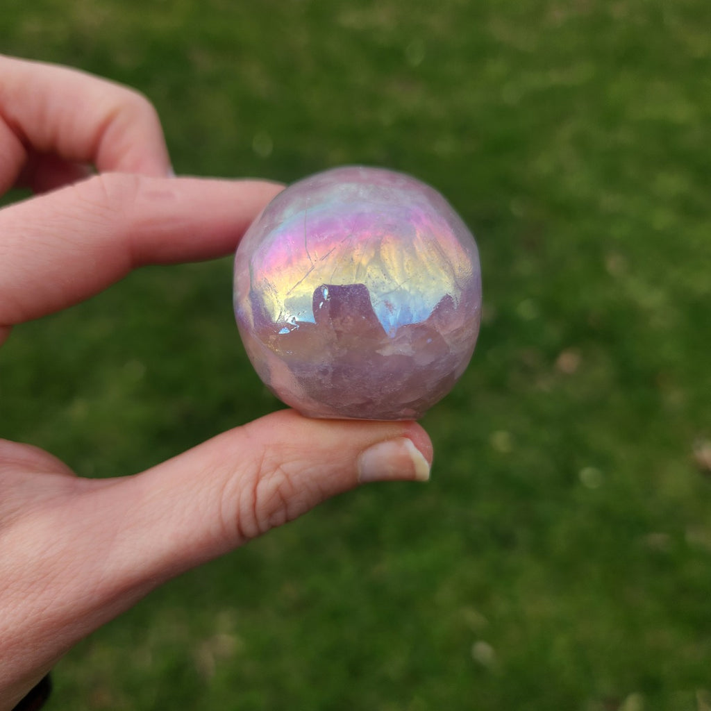 Pink Rainbow Aura Rose Quartz Crystal Skull Carving 2"
