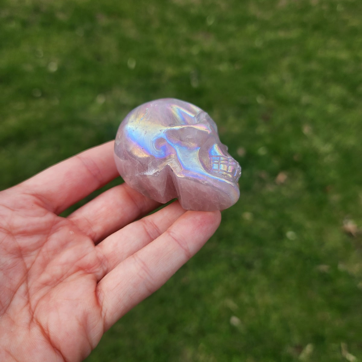 Pink Rainbow Aura Rose Quartz Crystal Skull Carving 2"