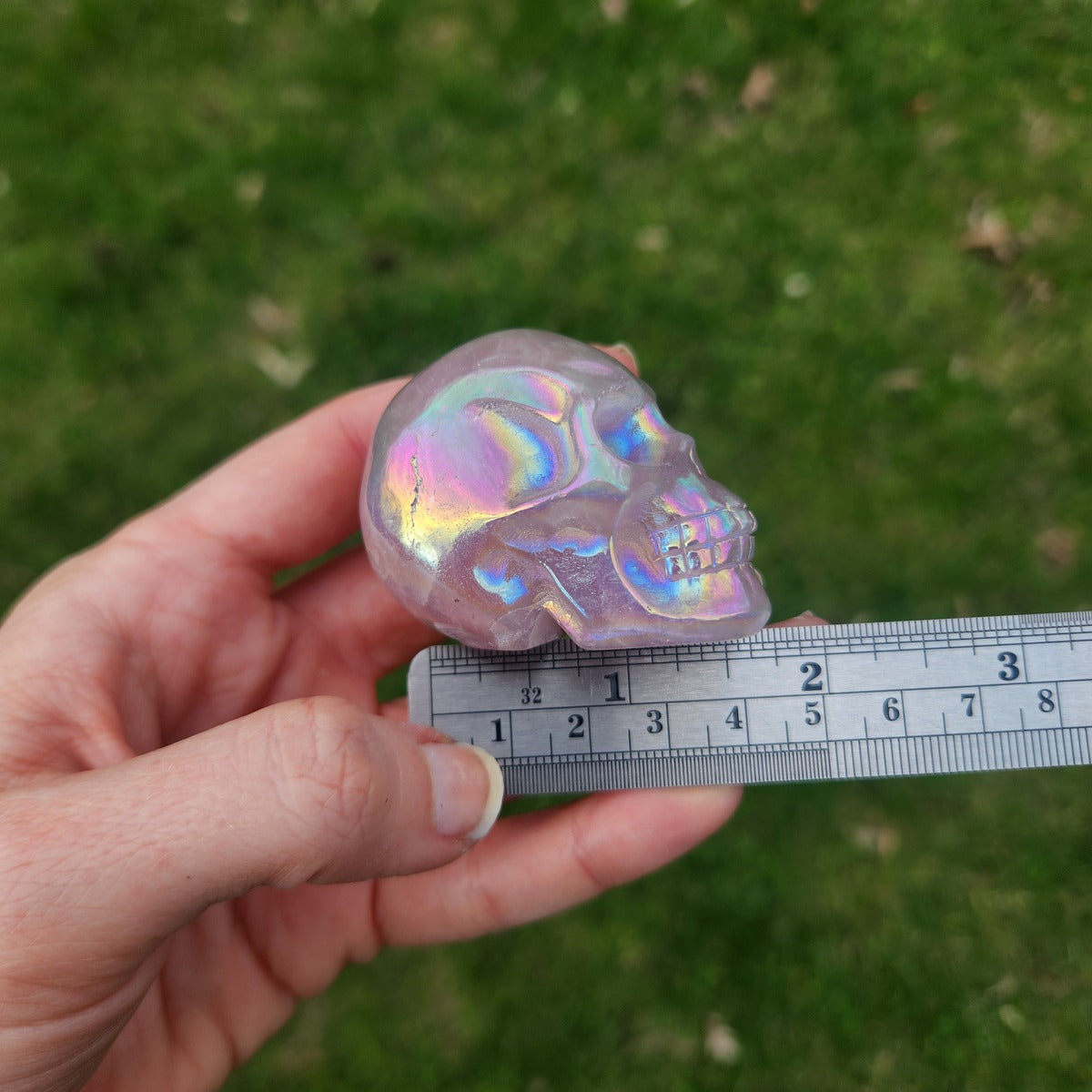 Pink Rainbow Aura Rose Quartz Crystal Skull Carving 2"