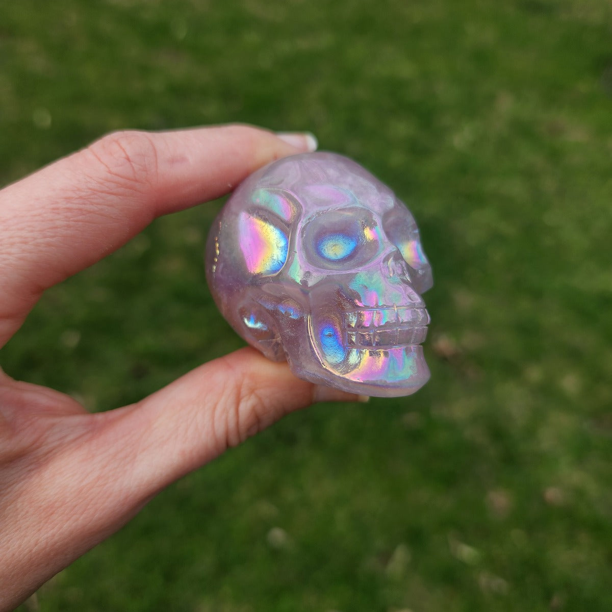 Pink Rainbow Aura Rose Quartz Crystal Skull Carving 2"