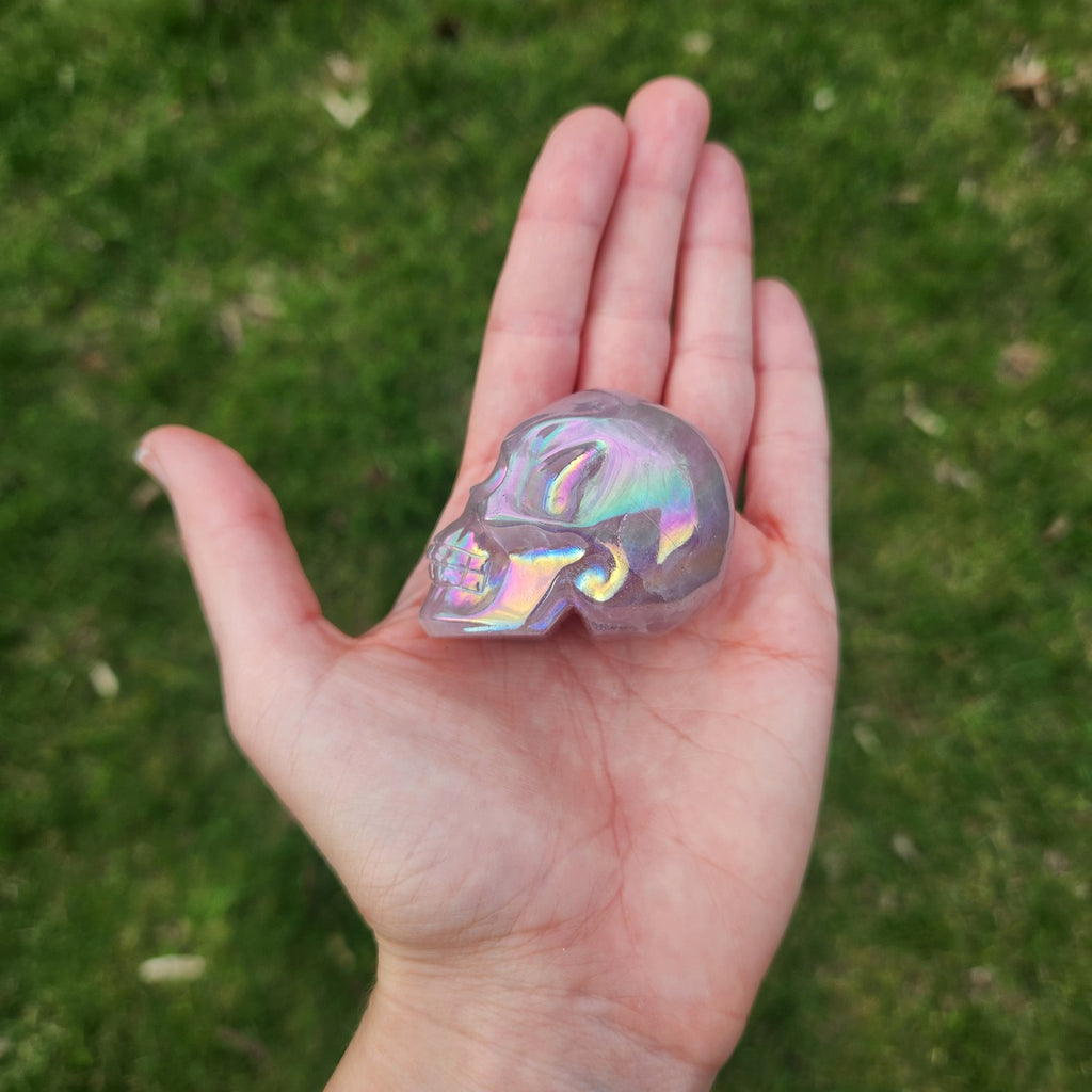 Pink Rainbow Aura Rose Quartz Crystal Skull Carving 2"