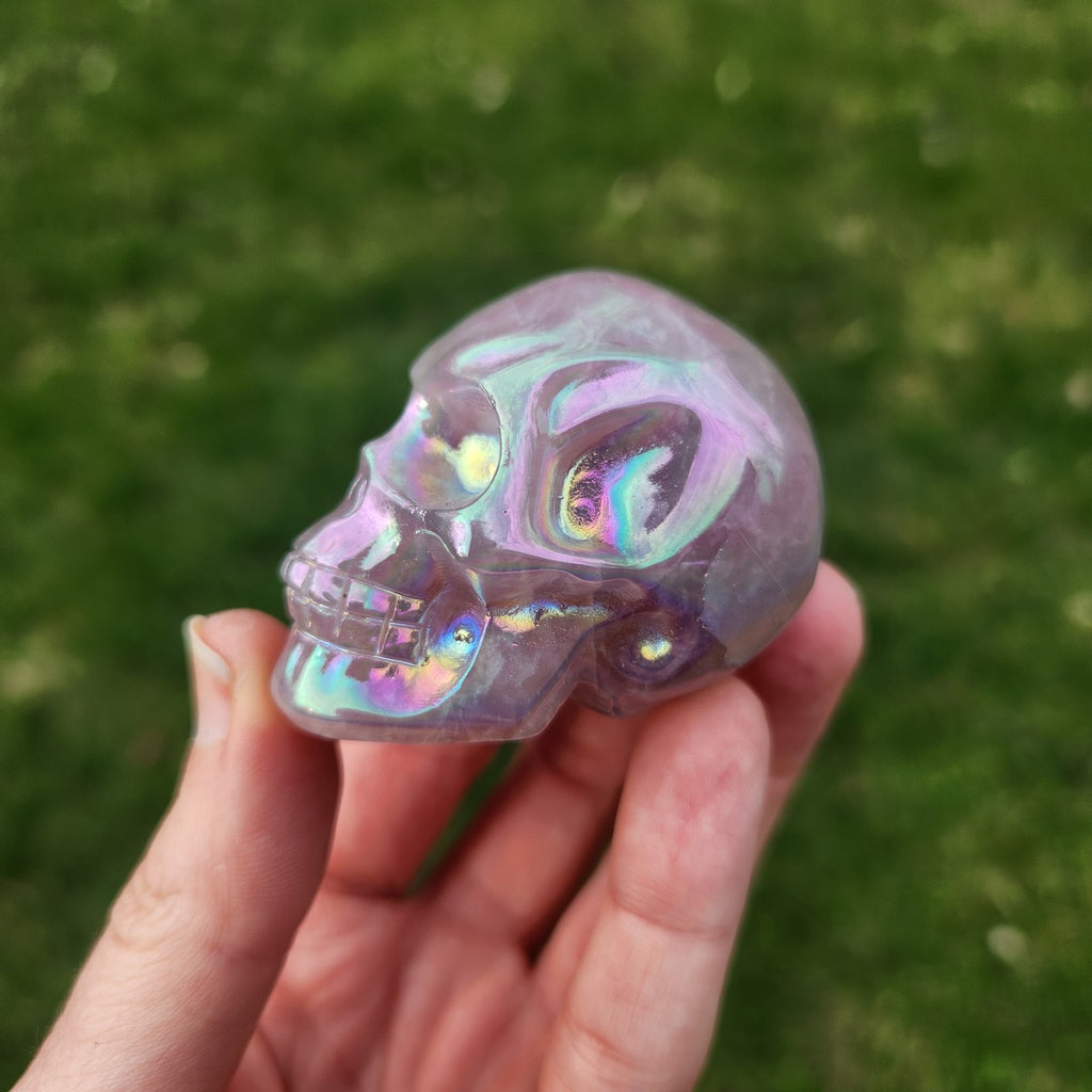 Pink Rainbow Aura Rose Quartz Crystal Skull Carving 2"