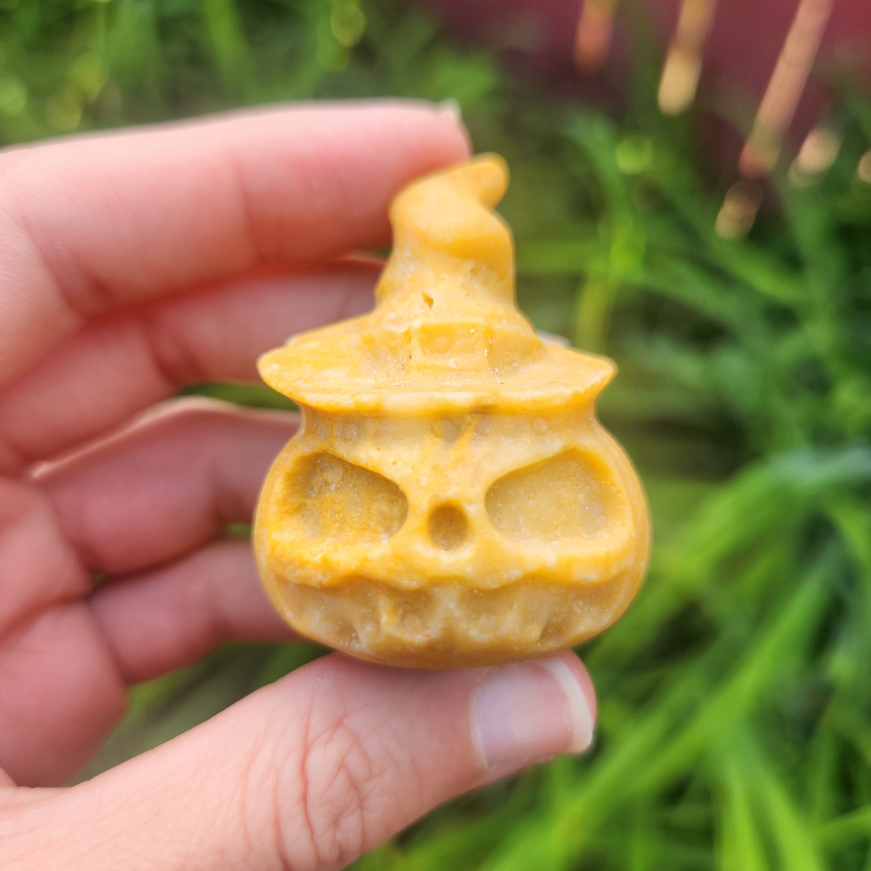 Pumpkin Witch Halloween Crystal Carving in Yellow Jasper