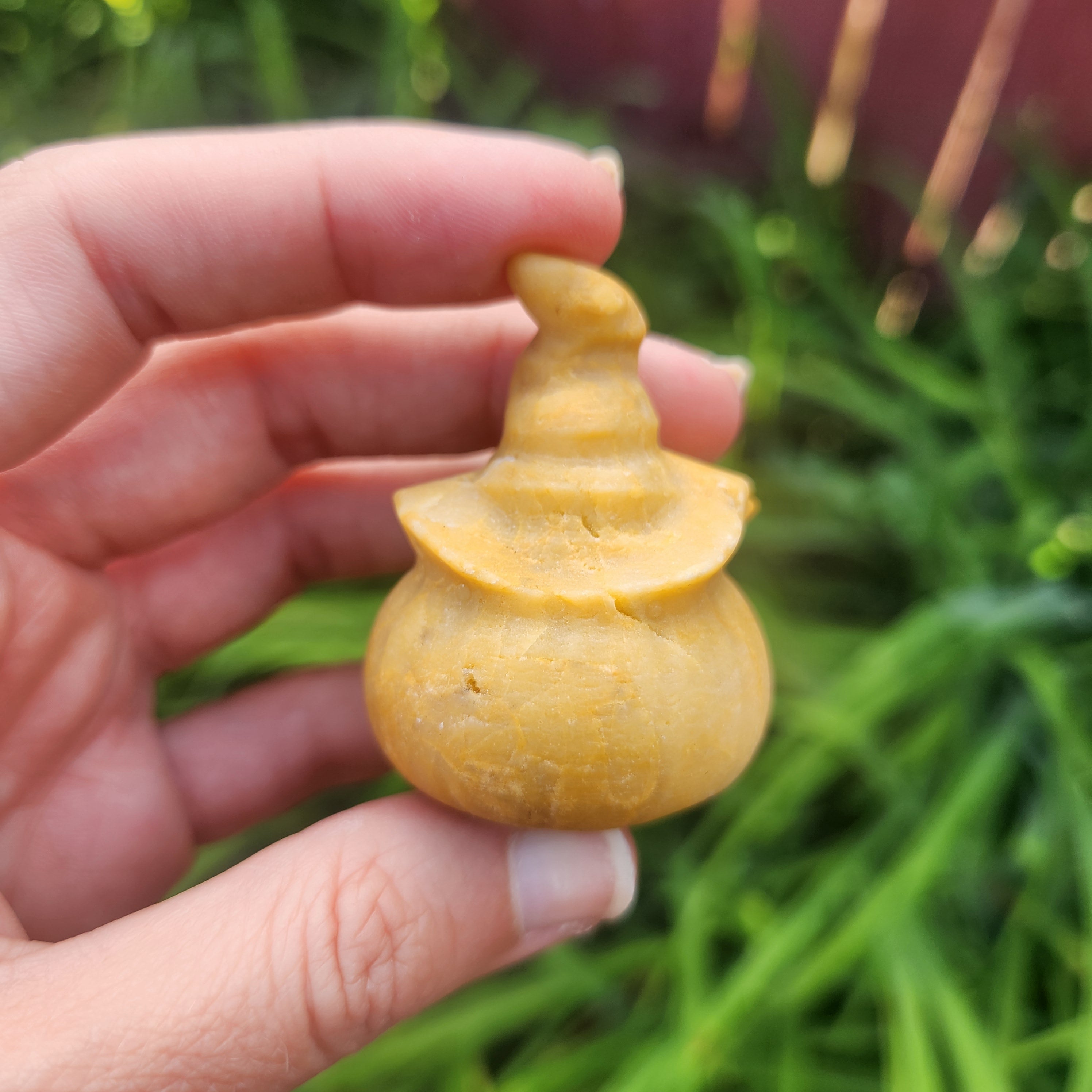 Pumpkin Witch Halloween Crystal Carving 2" Yellow Jasper Stone