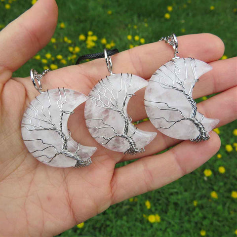 Clear Quartz Crystal Moon Necklace - Tree of Life Wire Wrapped Stone