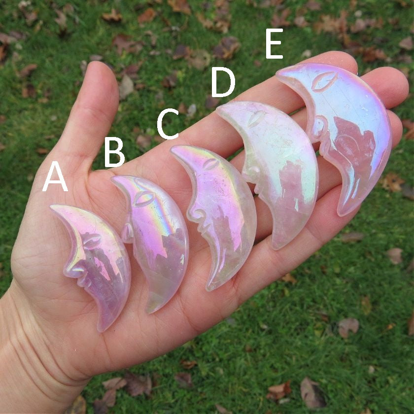Rainbow Aura Rose Quartz Crystal Moon Carving 2"