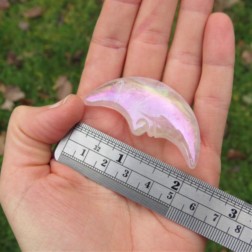 Rainbow Aura Rose Quartz Crystal Moon Carving 2"