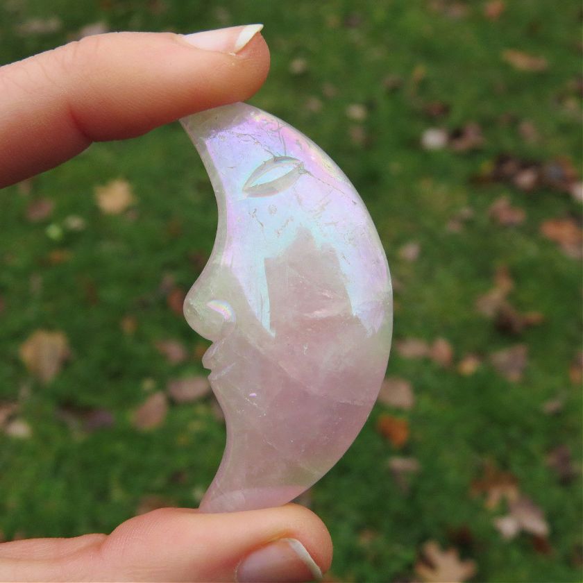 Rainbow Aura Rose Quartz Crystal Moon