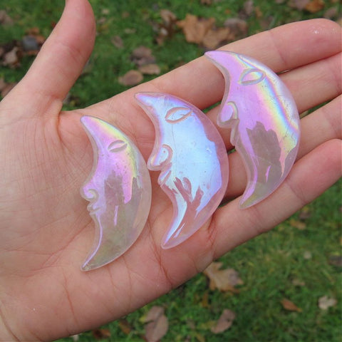 Rainbow Aura Rose Quartz Crystal Moon Carving