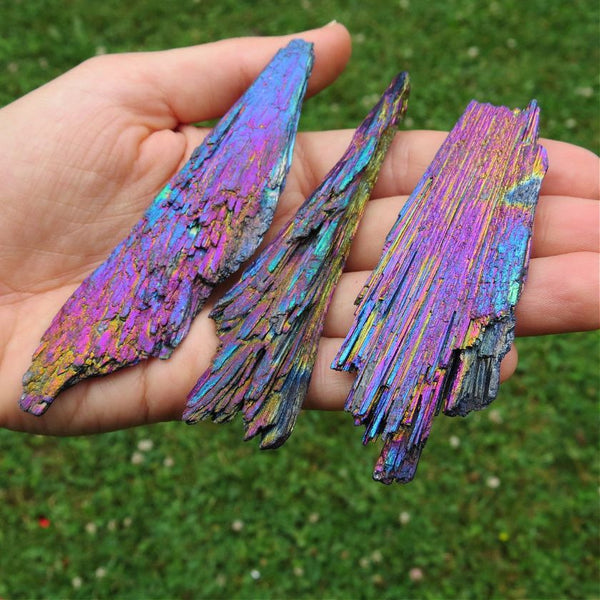 Rainbow Aura Kyanite Crystal | Titanium Aura Black Kyanite Blade