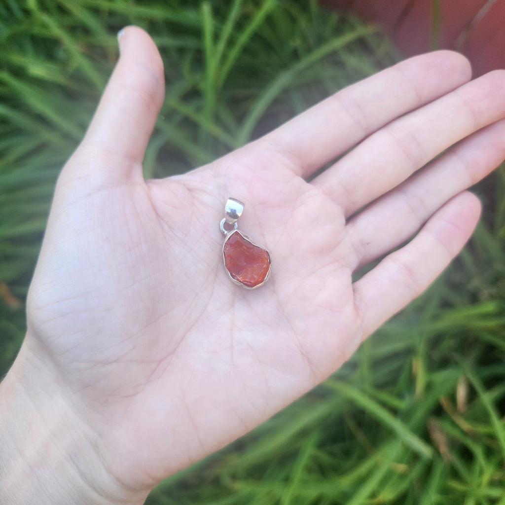 Raw Mexican Fire Opal Crystal Pendant in Sterling Silver