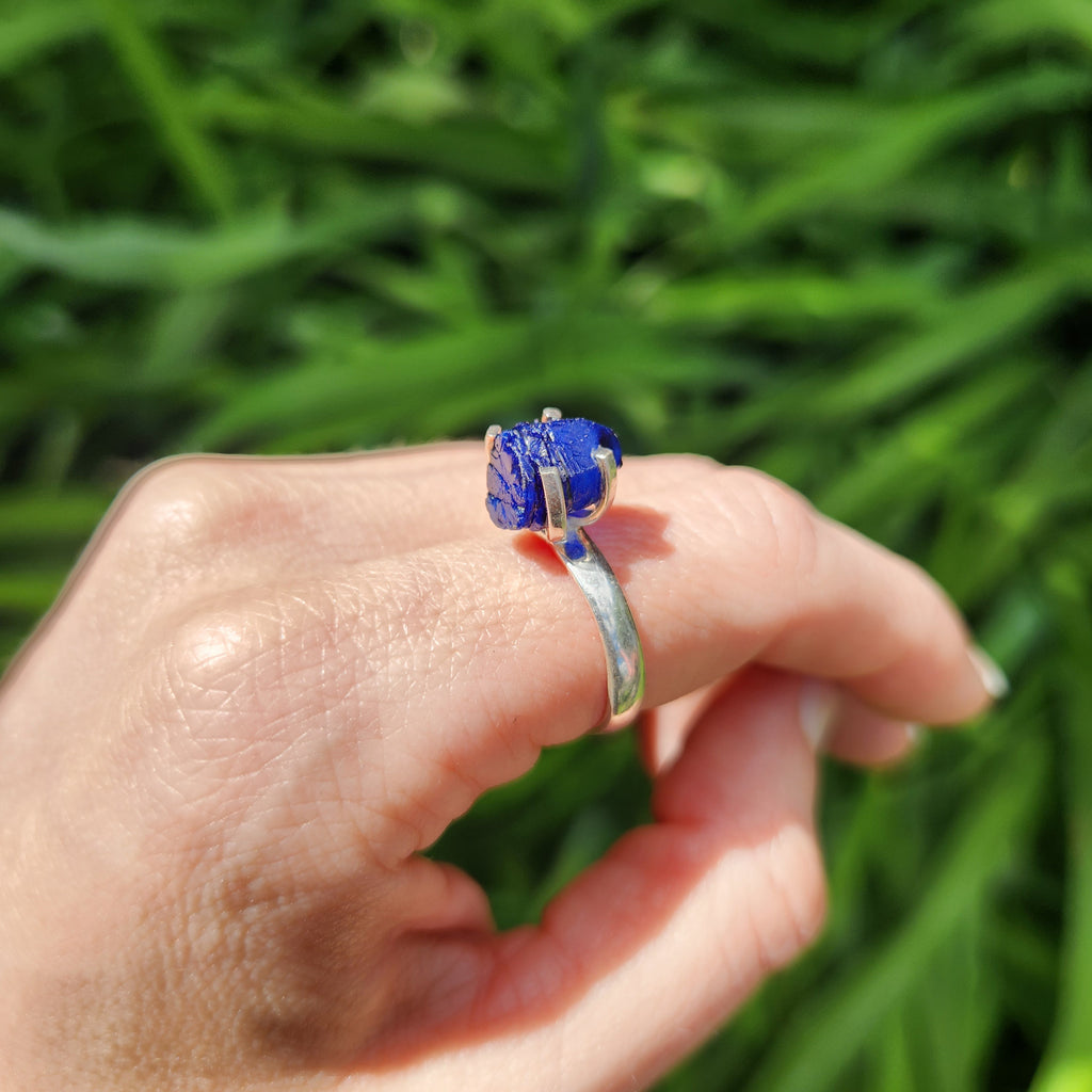 Raw Blue Sapphire Ring in Sterling Silver Size 7.25