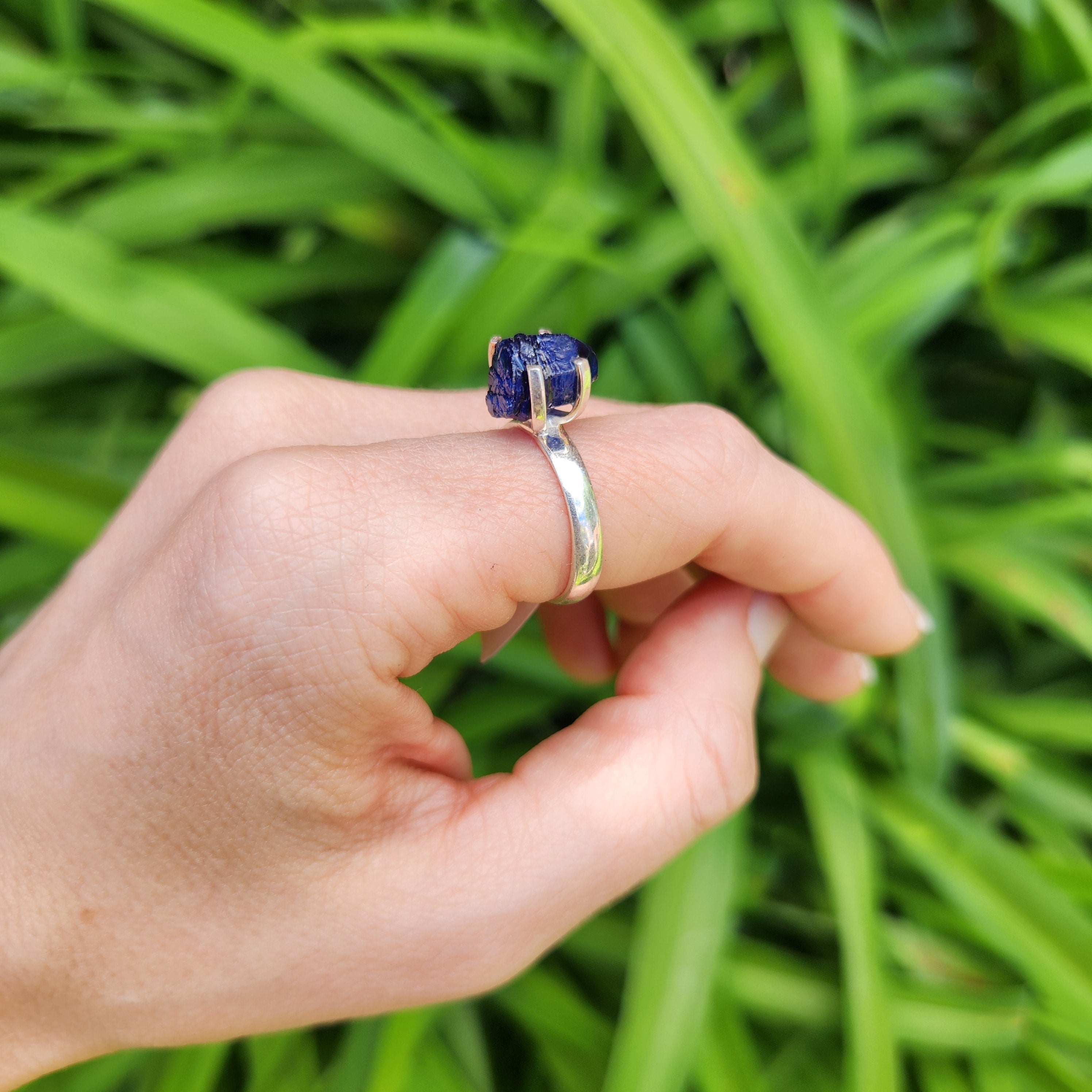Raw Blue Sapphire Prong Ring in Sterling Silver