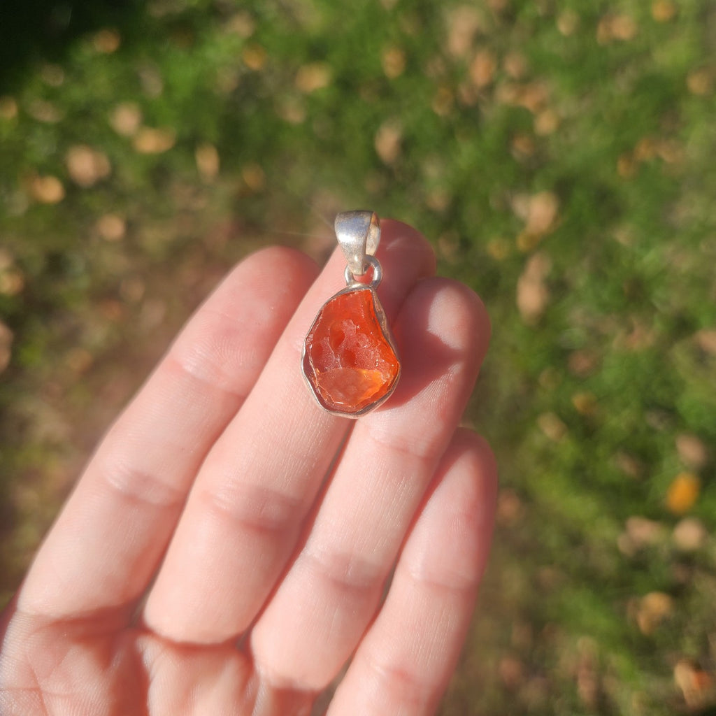Raw Mexican Fire Opal Stone Pendant in Sterling Silver