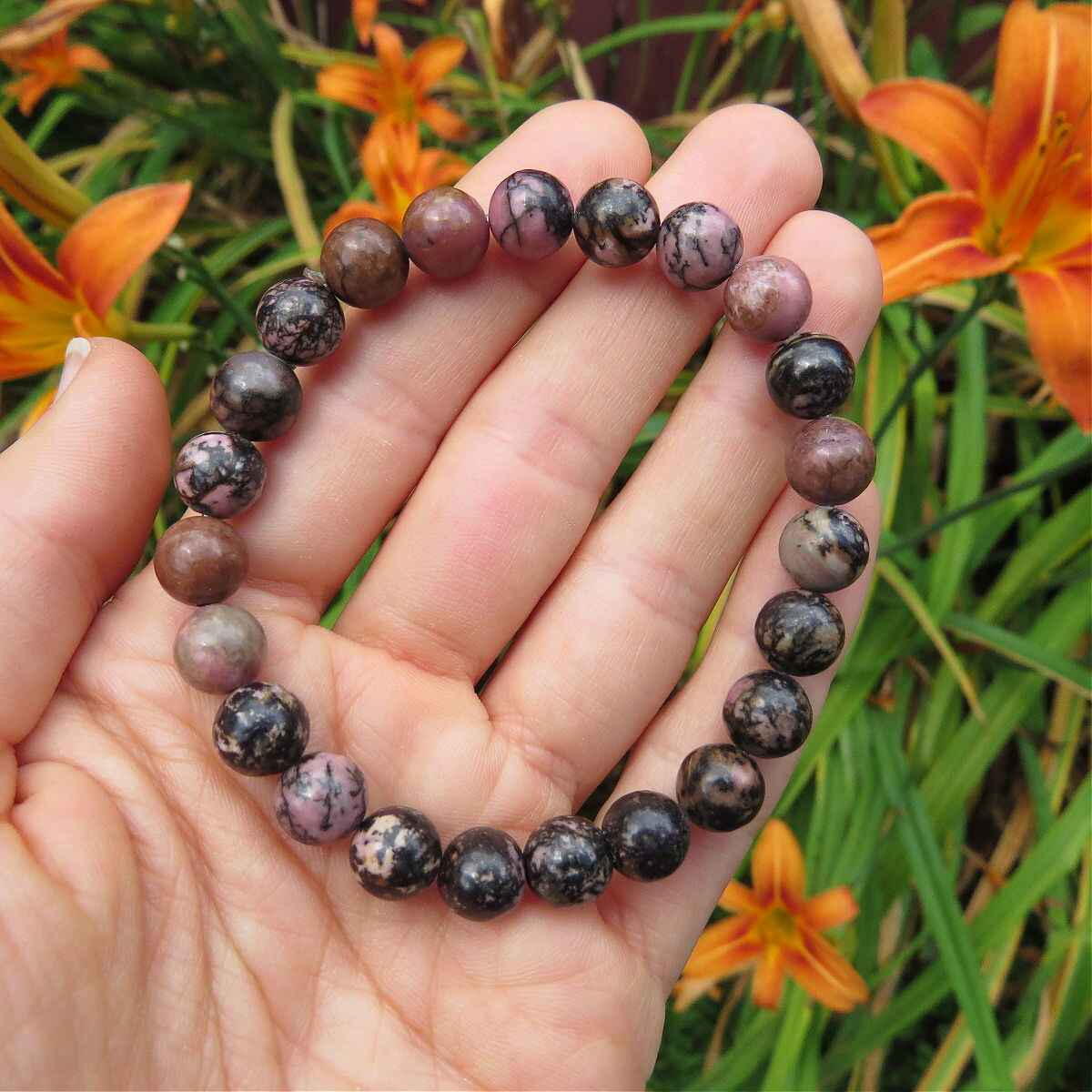 Rhodonite Crystal Bracelet - Black Pink Stone Beads